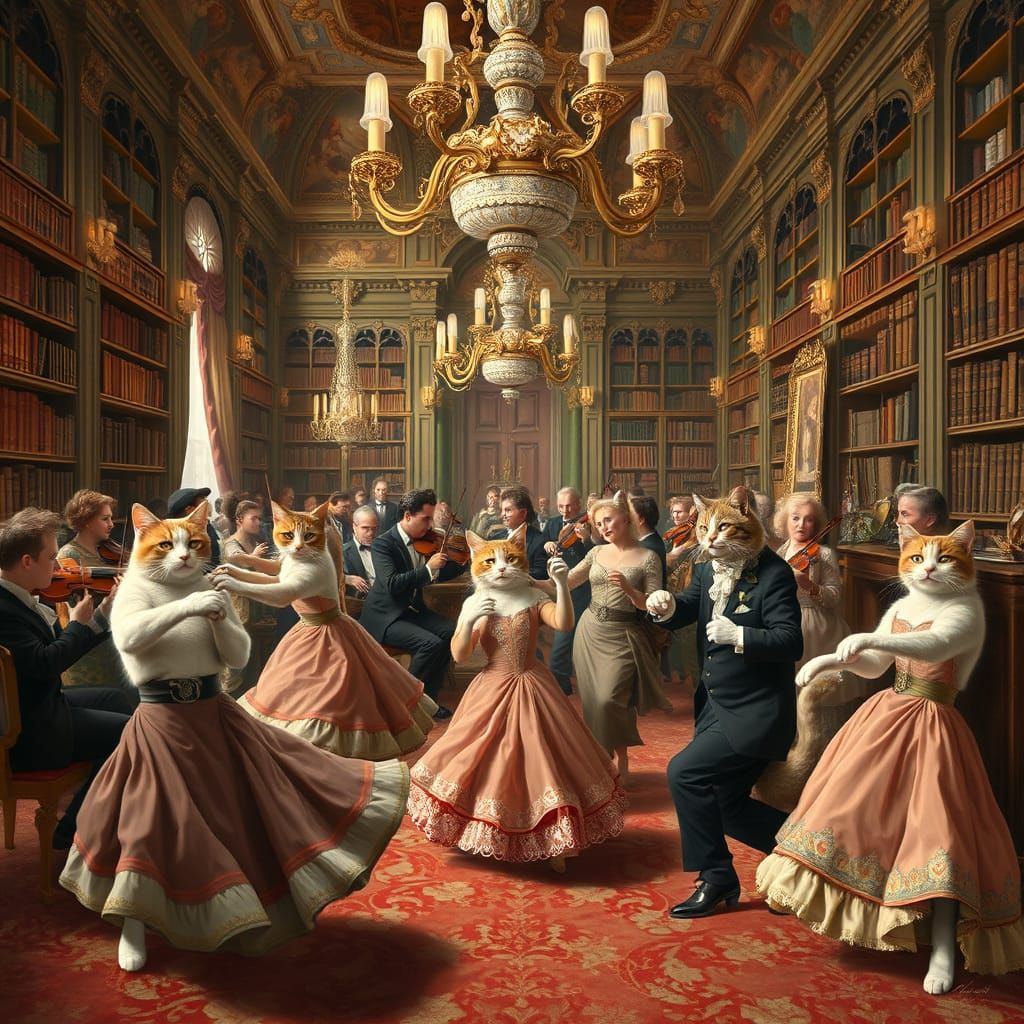 Cats Waltzing in a Grand Library, Rococo Style