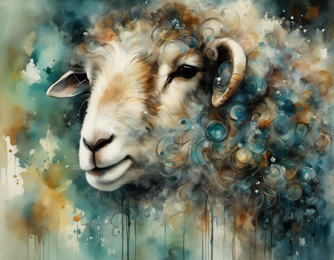 Dreamy Watercolor Portrait of a Beautiful Sheep
