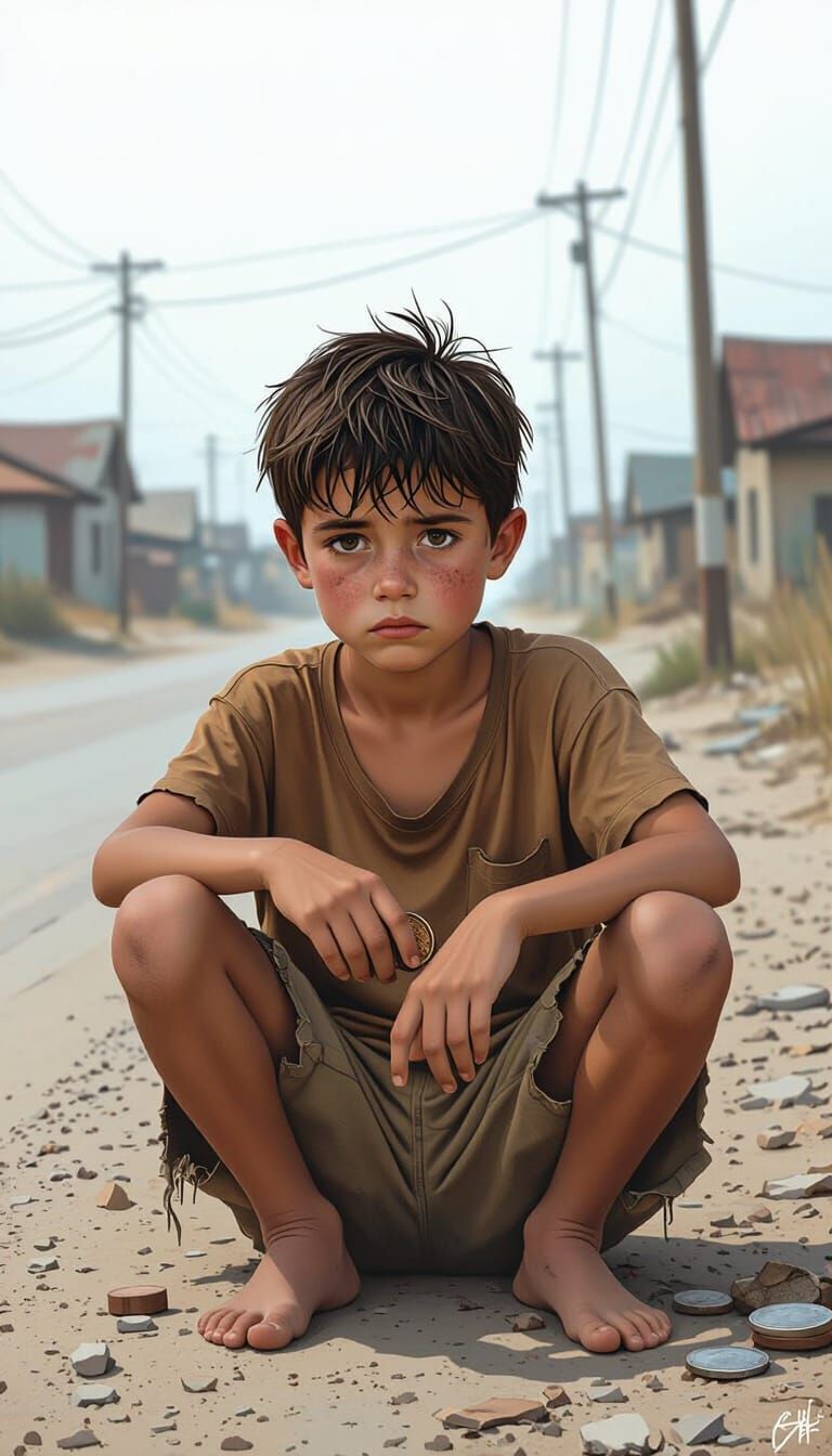 Boy Sadly Holds Rusty Coin on Dusty Roadside