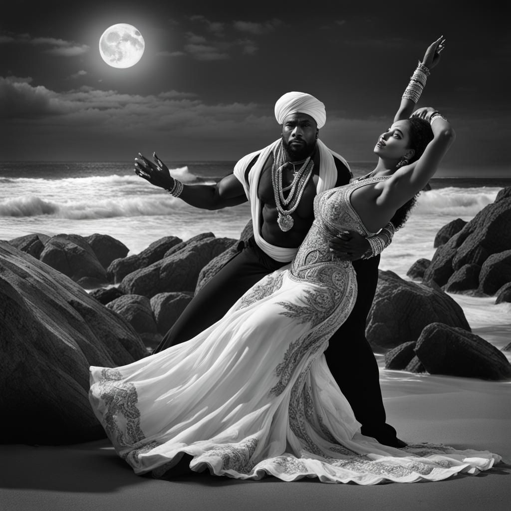 Woman Dancing with Shaman on Beach, Detailed Matte Painting