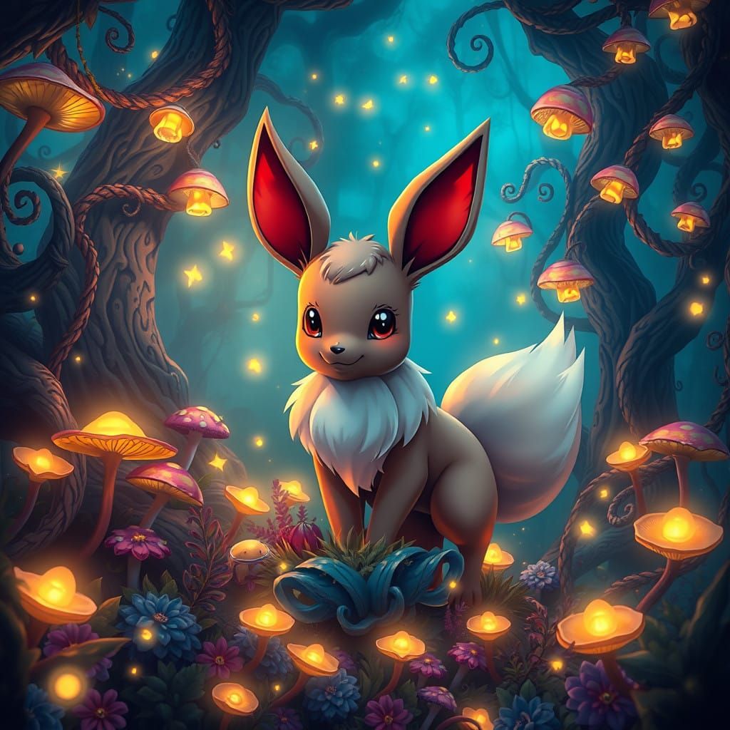 Eevee in Vibrant Mystical Forest with Glowing Mushrooms and...