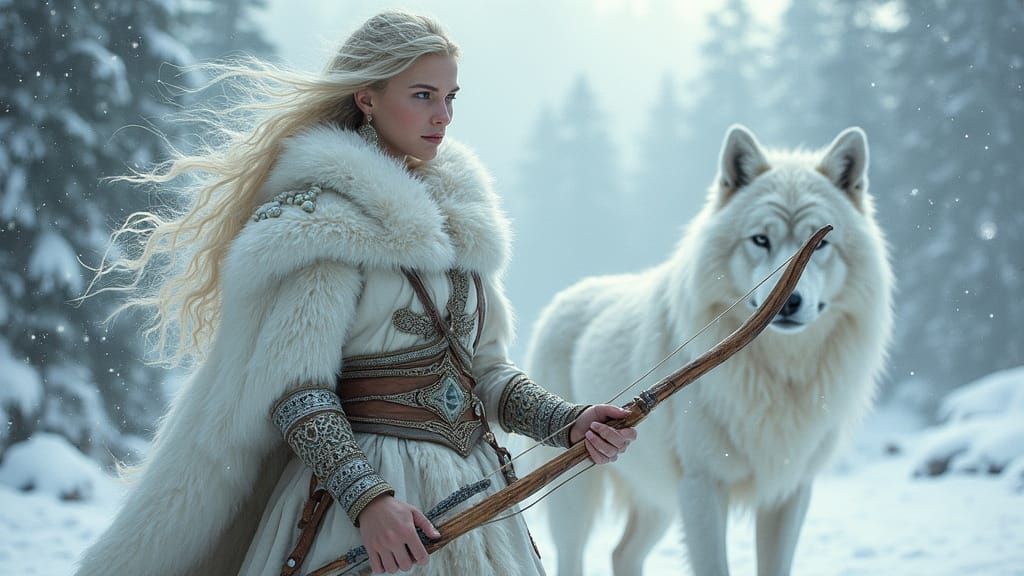 Norse Warrior Woman with Wolf in Snowy Wilderness