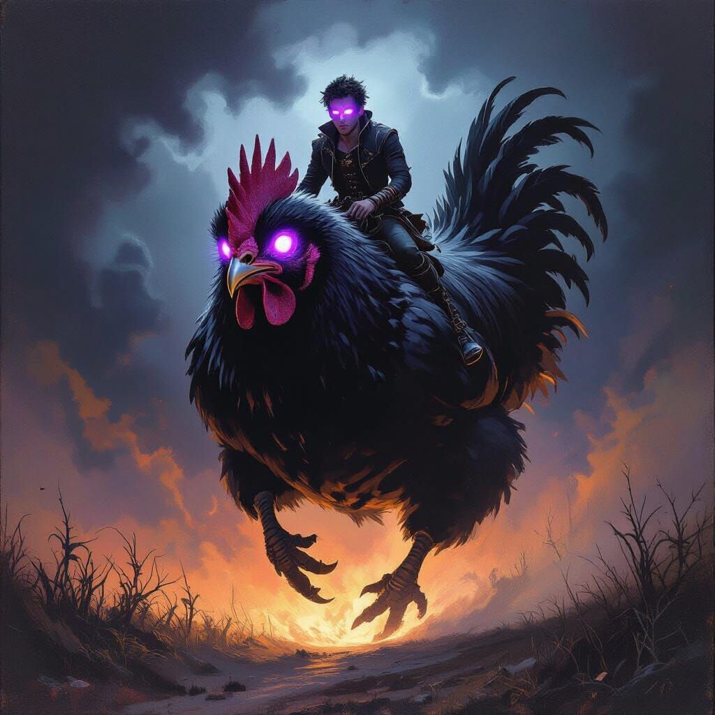 Man With Glowing Eyes Rides Giant Chicken in Dark Fantasy St...
