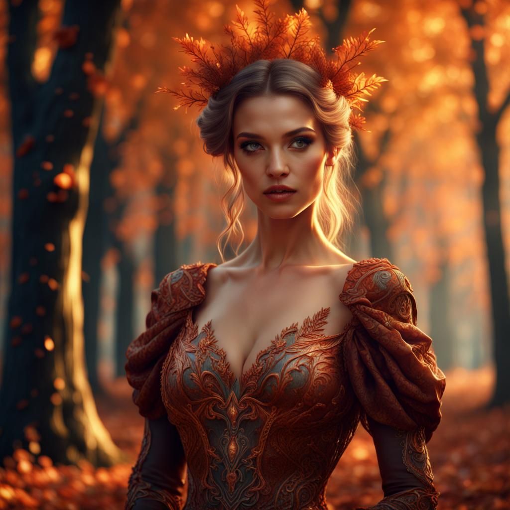 Autumn Woman in Glowing Dress: Fantasy Art