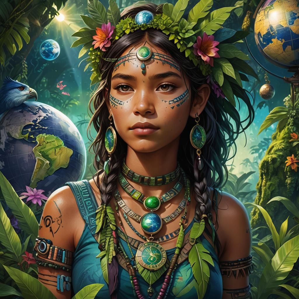 Amazon Rainforest Girl with Globe Necklace