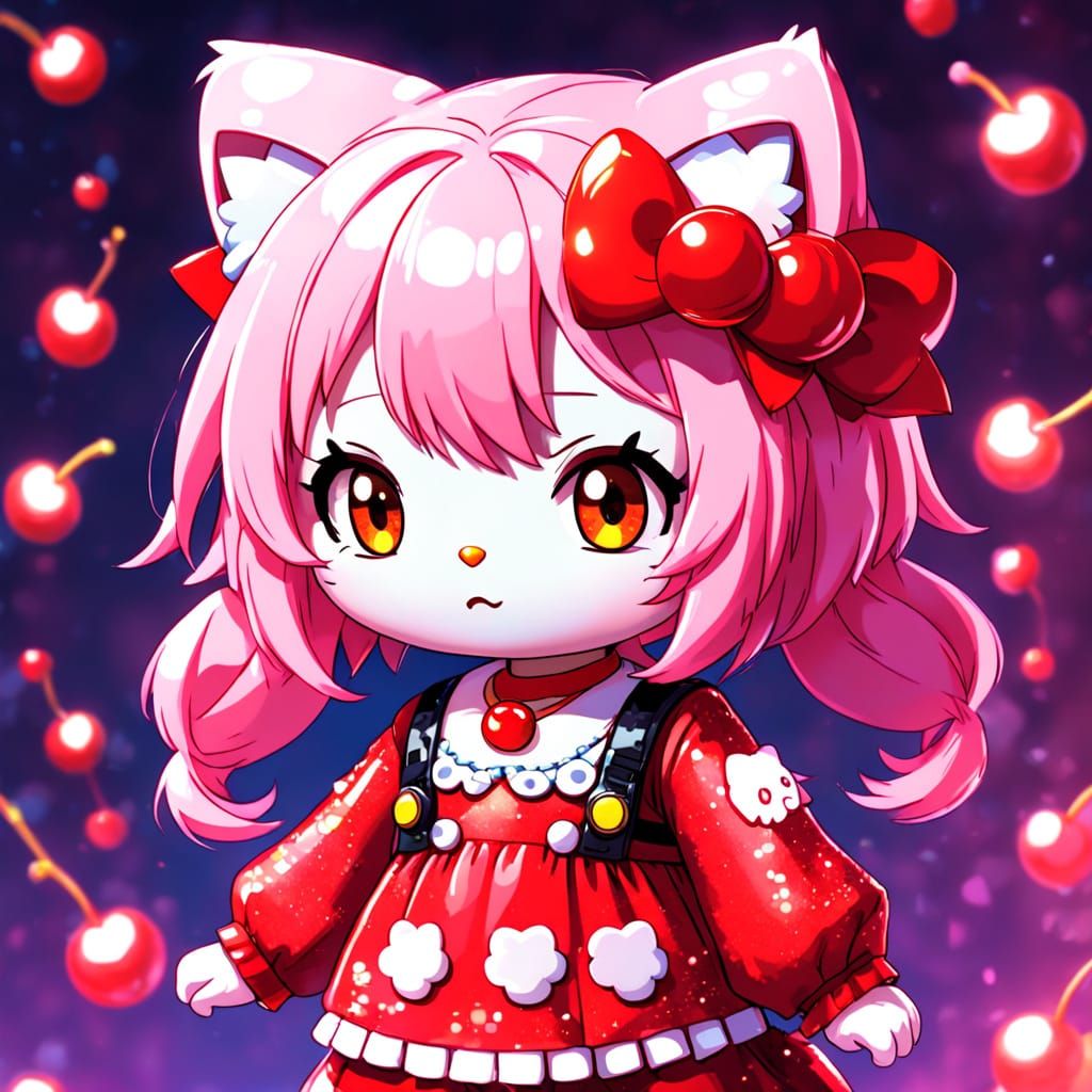 Pixel Art Hello Kitty as Cherry in Vibrant Anime Style