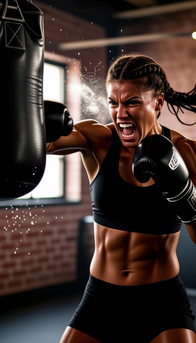 Woman Punches Punching Bag in Gritty Gym