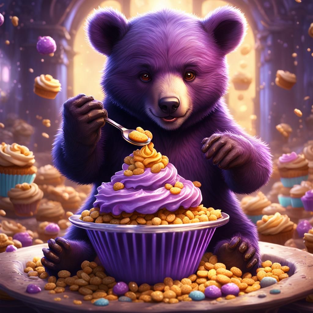 Baby Bear Eating Cereal in Dark Fantasy Style
