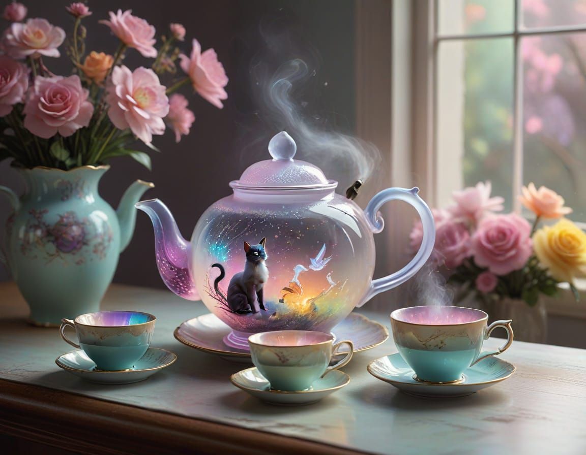 Enchanting Teapot with Siamese Cat in Pastel Neon