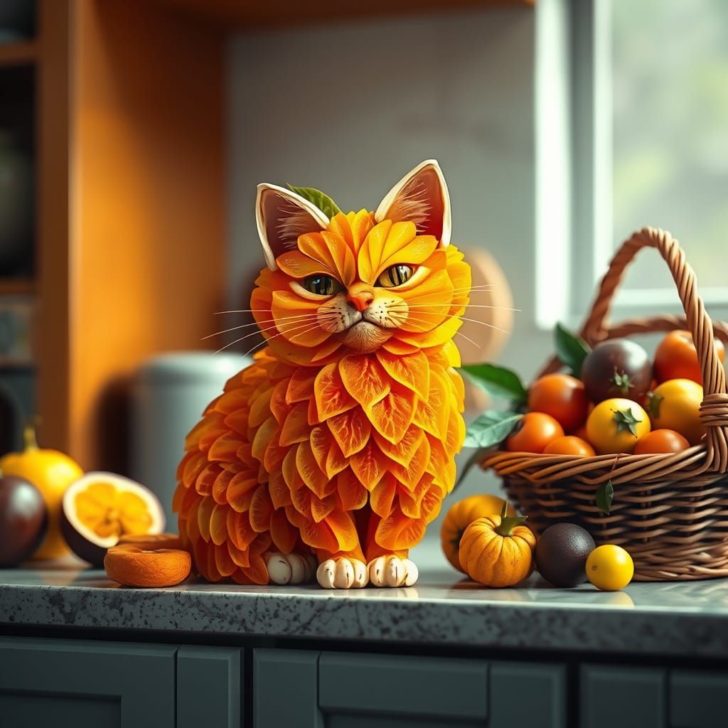 Vibrant Whimsical Cat Made of Passion Fruit Slices in Tropic...