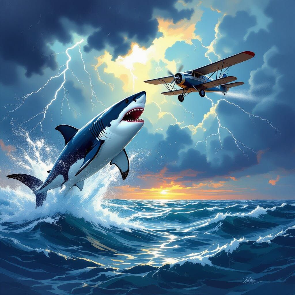 Great White Shark Attacks Biplane in Surreal Ocean Scene