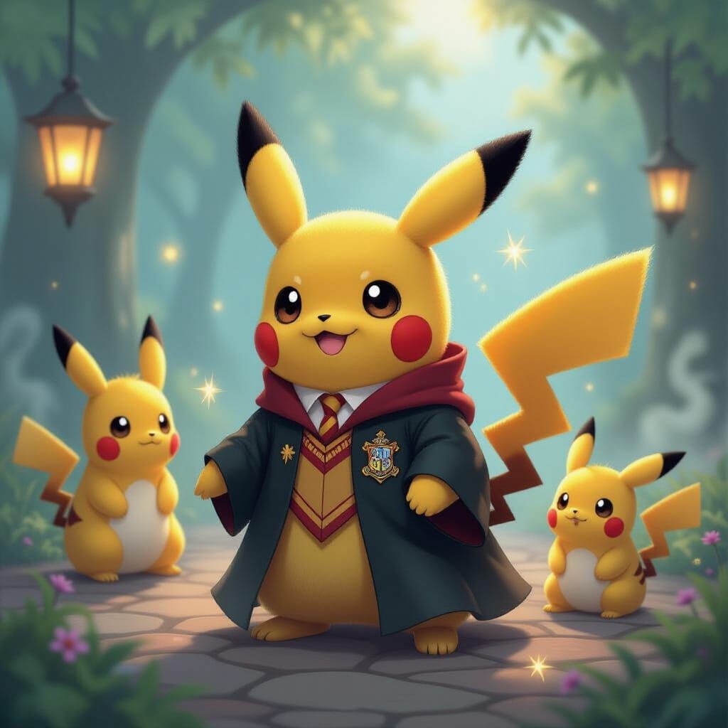 Pikachu at Hogwarts in Fantasy Art Style