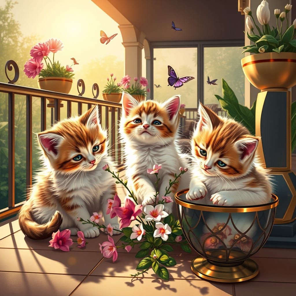 Sleek Art Deco Kittens Bask in Sunlit Garden