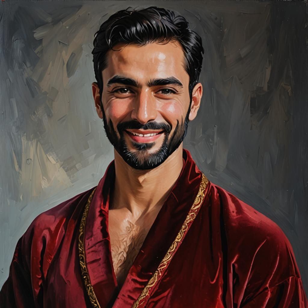 Smiling Man in Red Velvet Robe: Neo-Impressionist Portrait