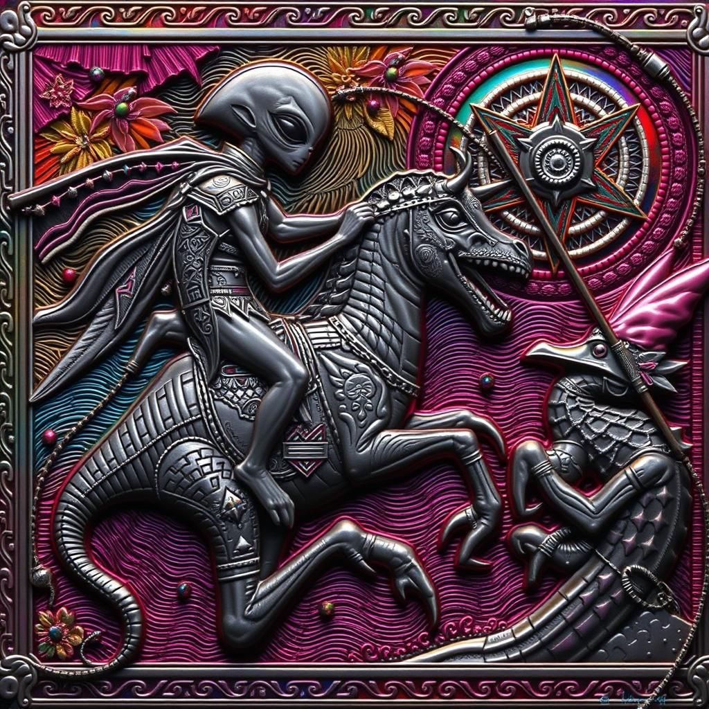 Alien Jousts Wizard on Seahorse in Polynesian Art