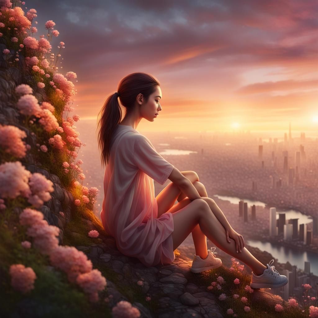 Hyper-Realistic Woman Overlooking Metropolis at Sunset
