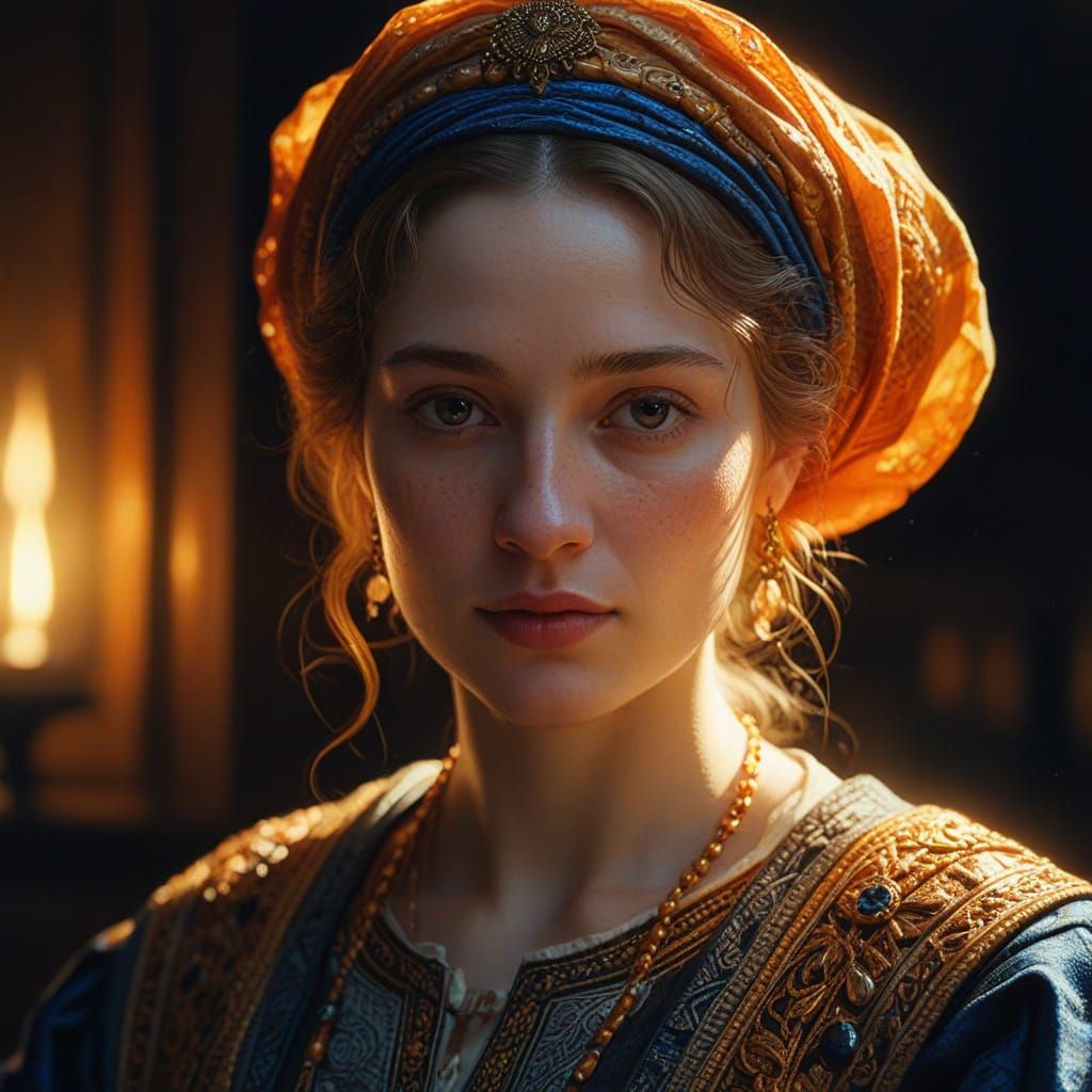 Woman in Ornate Clothing, Rembrandt-Inspired Oil Painting