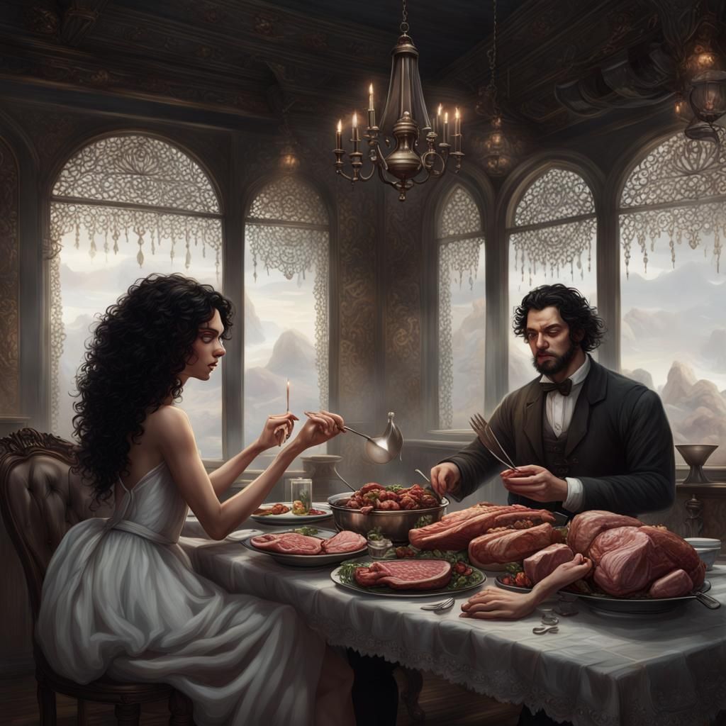 Couple Enjoying Meal: Detailed Matte Painting