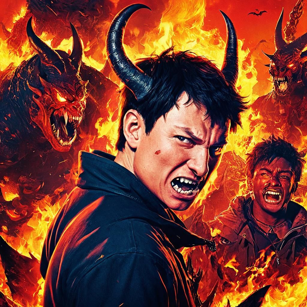 Anime-Style Devil in Hellish Landscape