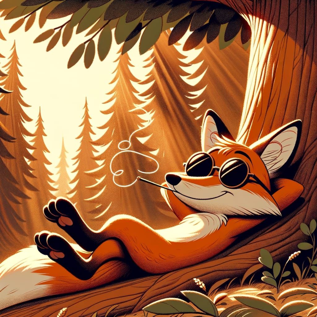 Relaxed Cartoon Fox Whistling Under Summer Tree