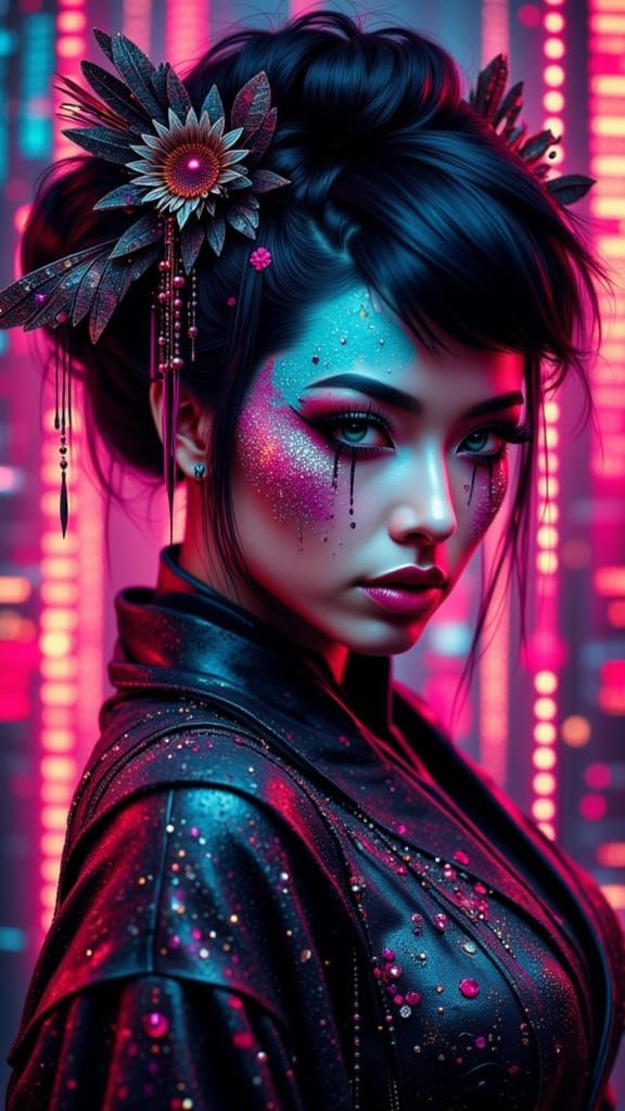 Cyberpunk Geisha in Binary Code Matrix