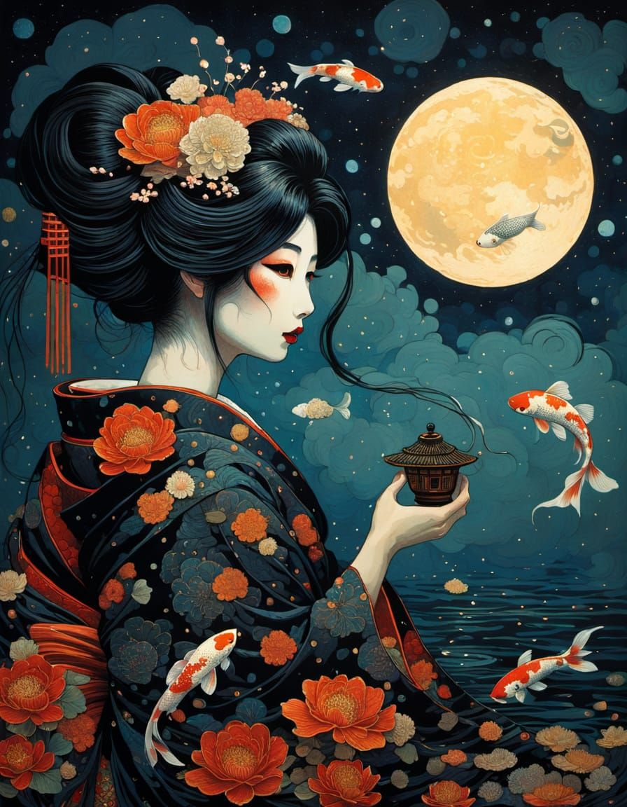 Cyberpunk Geisha Under Moonlit Koi Pond