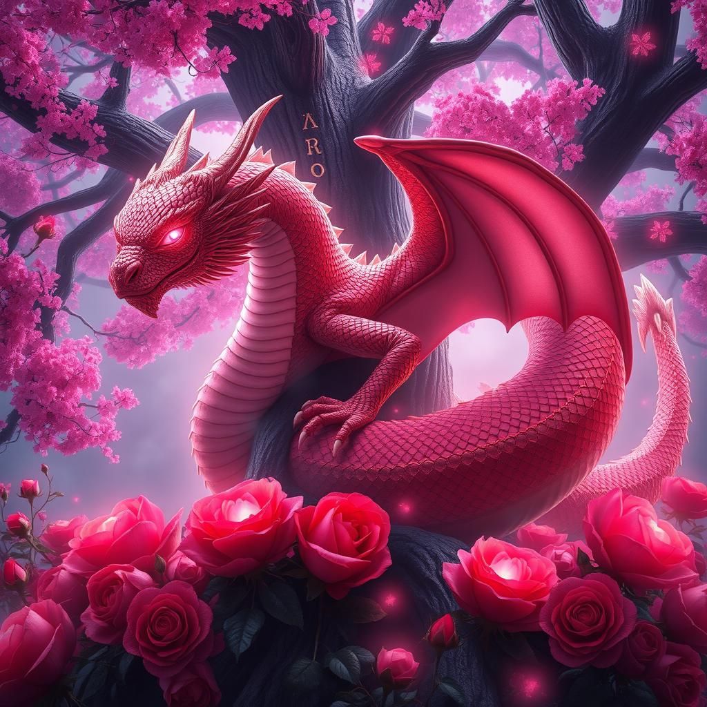 Rose Gold Dragon and Ancient Tree in Fantasy Scene