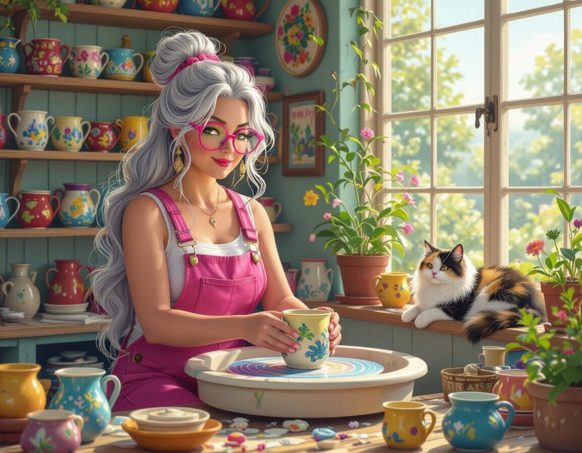 Woman Crafts Pottery in Whimsical Studio with Cat