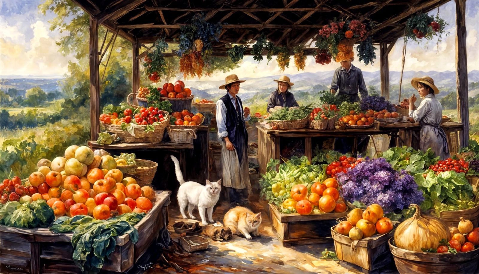 Farmstand Scene with Siamese Cat, Watercolor Style