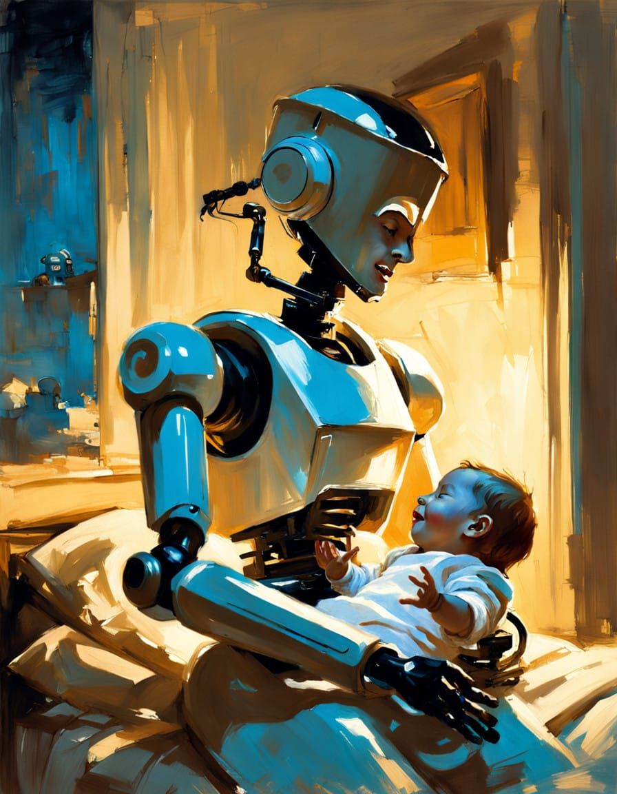 Singing Robot Nanny in a Nostalgic Sepia Nighttime Scene