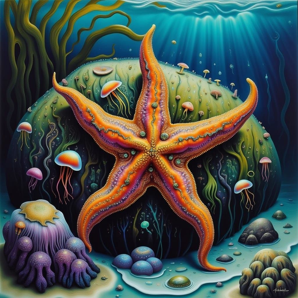 Starfish Portrait in Tidal Pool, Watercolor Style