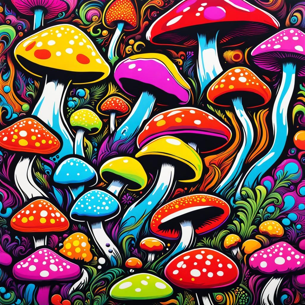 Psychedelic, fluorescent, hippie, , Underground comix, graffiti art, Mushroom, splash art, street art, spray paint, o...