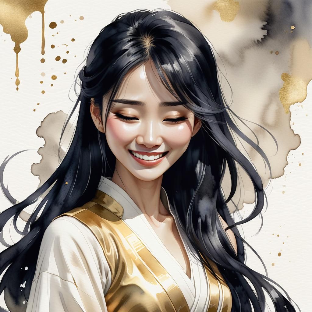 Sad Asian Woman in Watercolor Style