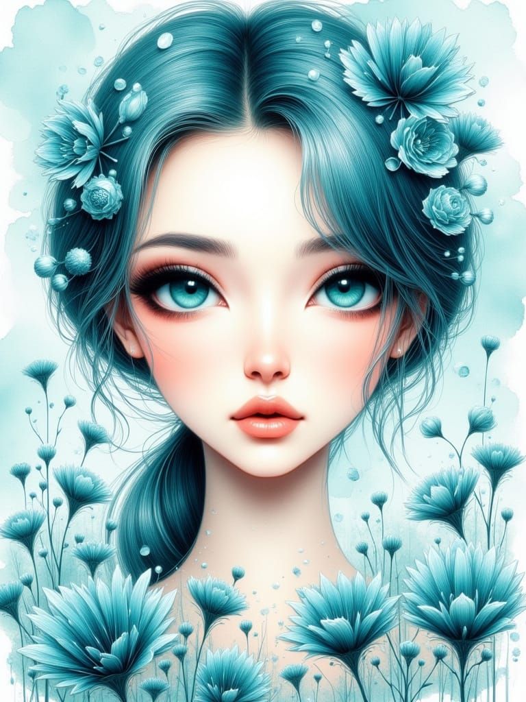 Beautiful Woman with Teal Hair and Blue Eyes