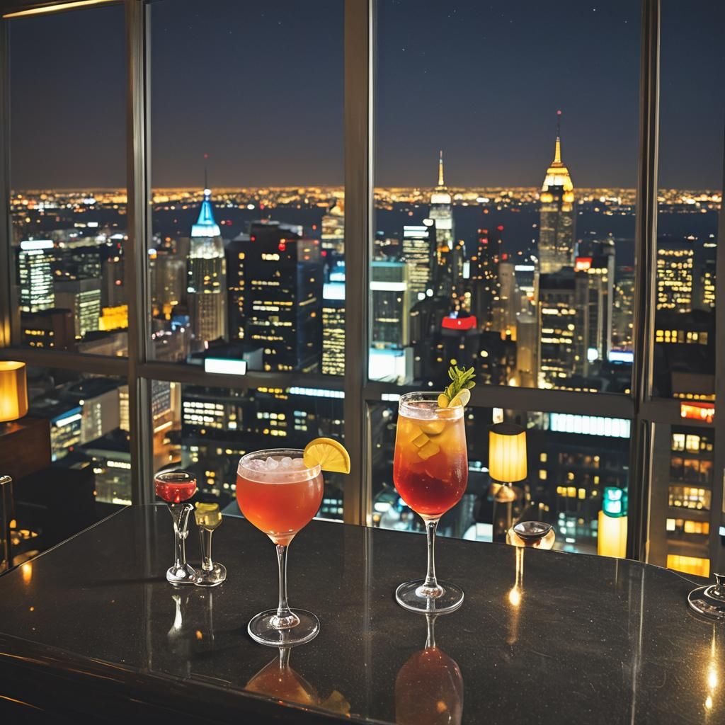 Nighttime Cocktail Bar with City View