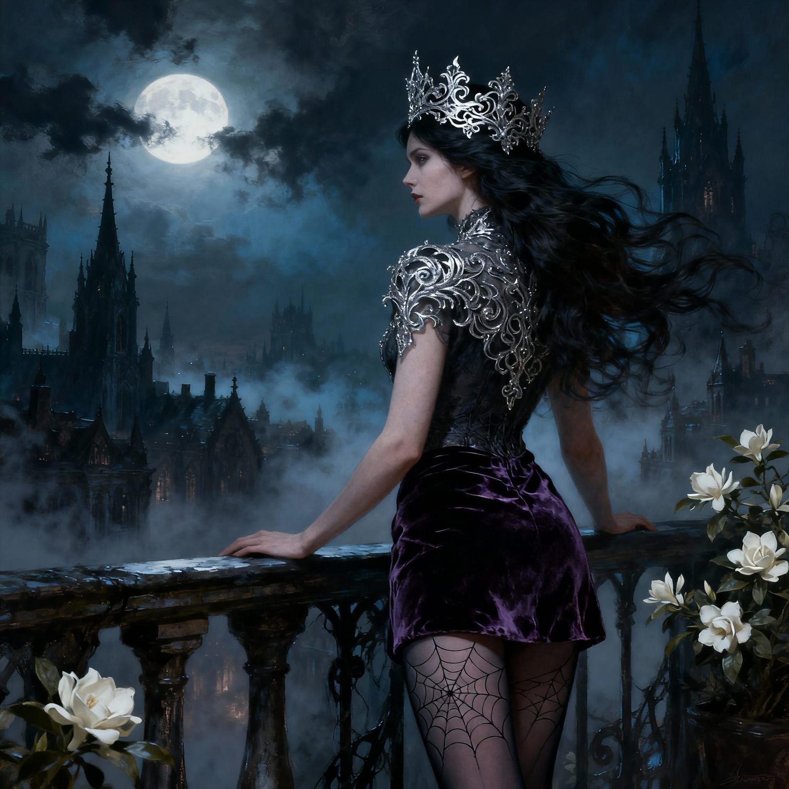 Regal Woman on Balcony Overlooking Gothic City