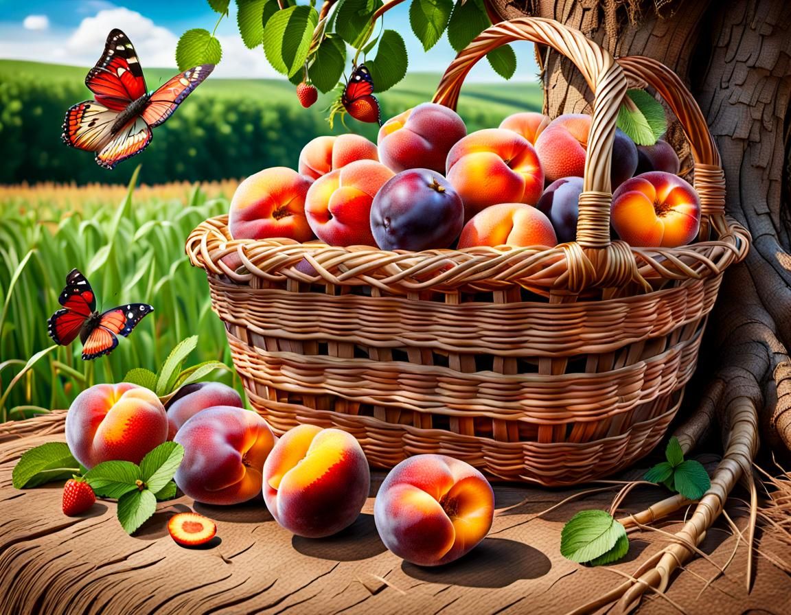 Basket of Fruit and Butterflies, Hyperrealistic Image
