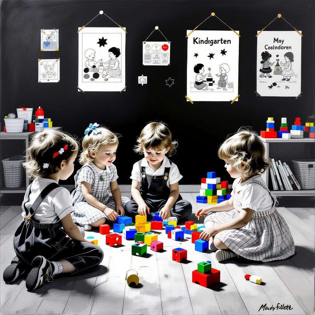 Children Learning and Playing in Kindergarten, Impressionist...