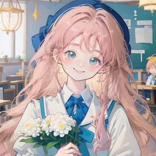 Cute Anime Schoolgirl Shines in Bright Classroom