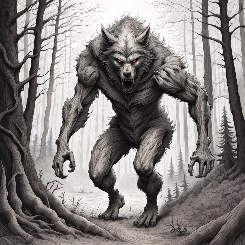 Monochrome Werewolf Stalking Forest in Abstract Line Art