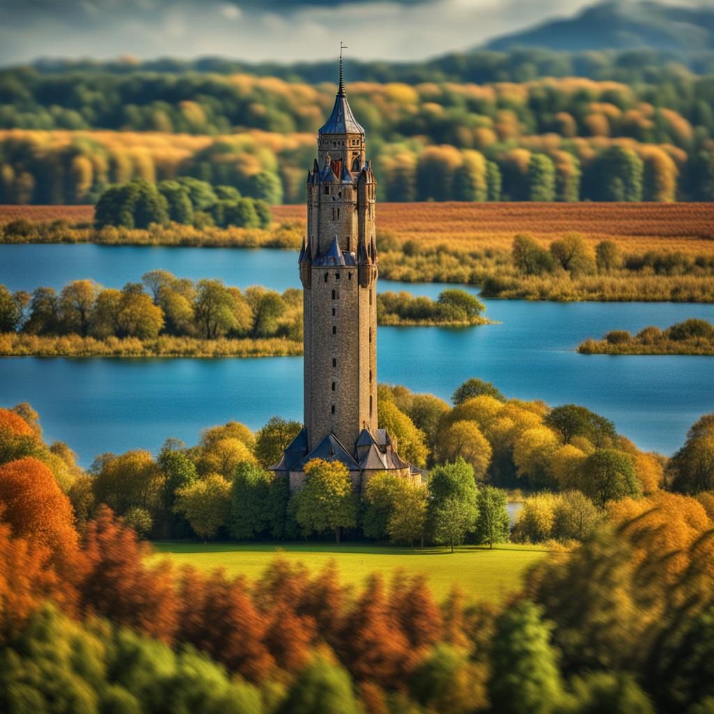Tower on Island in Lake with Farmland