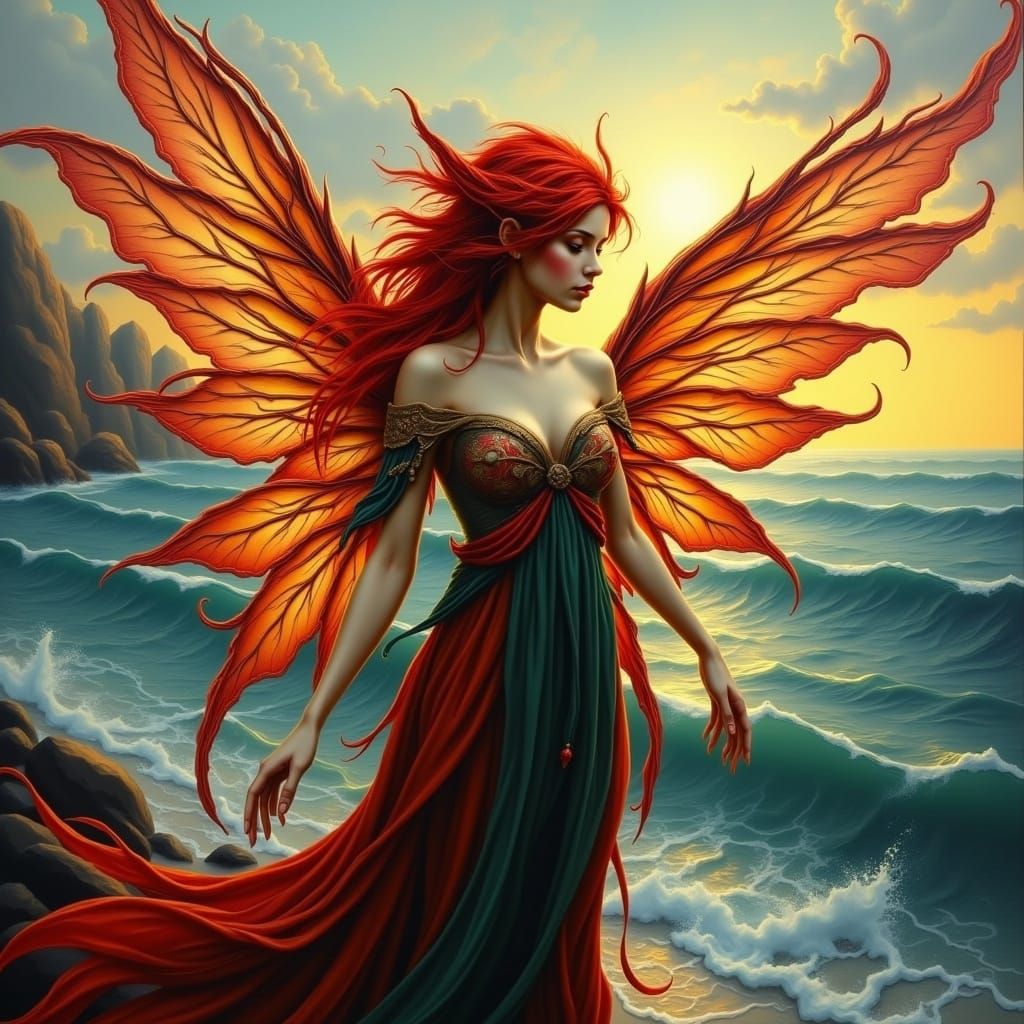 Ethereal Red-Haired Figure with Vibrant Wings in Futuristic...