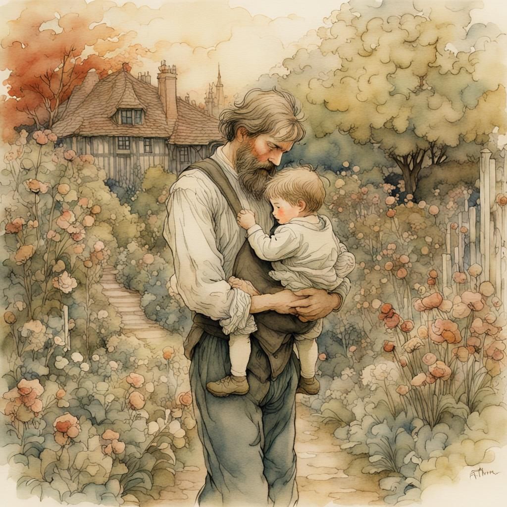 Father and Son in Garden: Watercolor Illustration