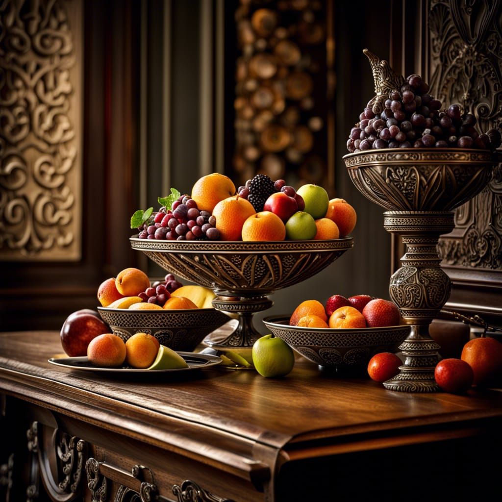 Hyperrealistic Still Life: Fruit Bowls on Antique Table