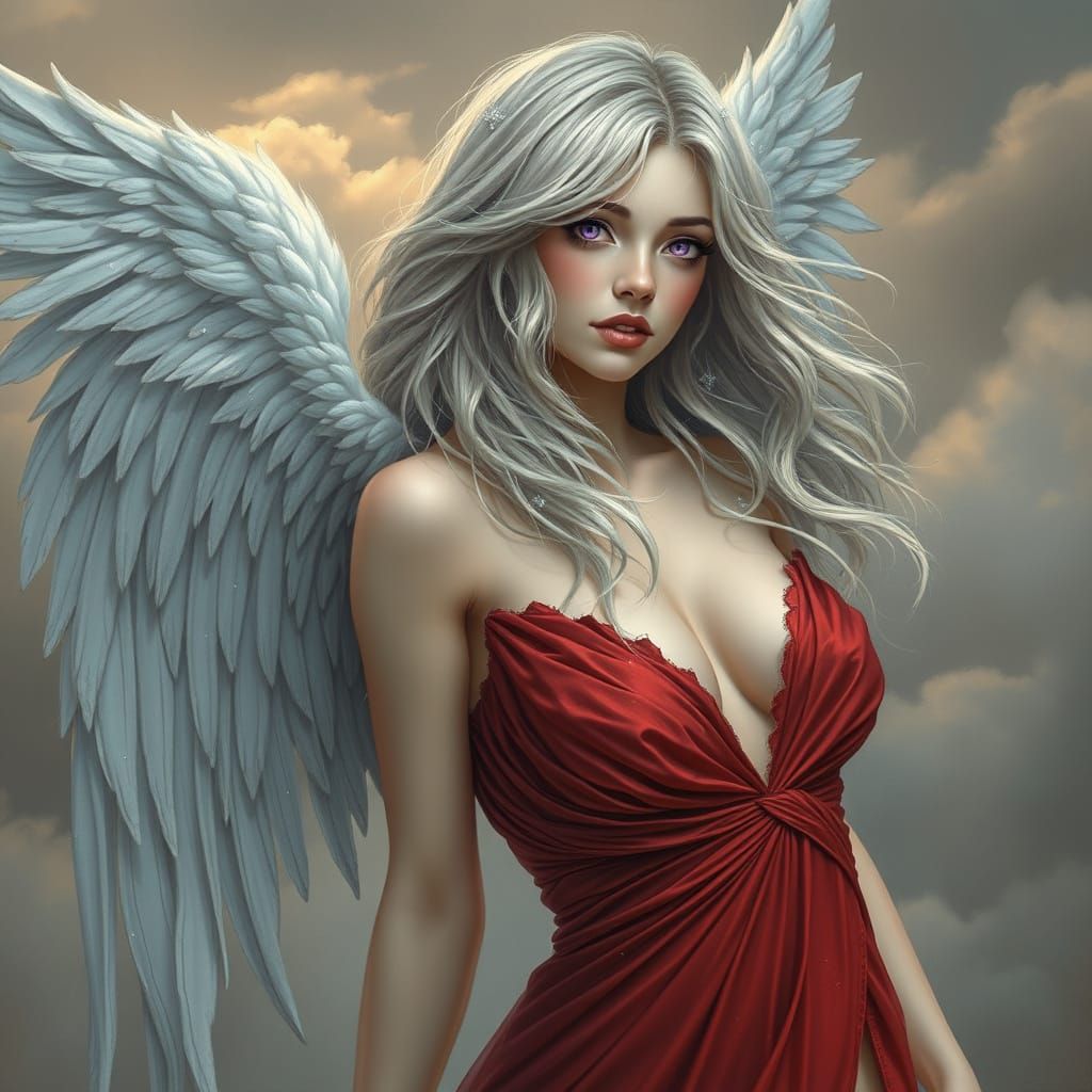 Ethereal Fallen Angel in Whimsical Red Satin Gown