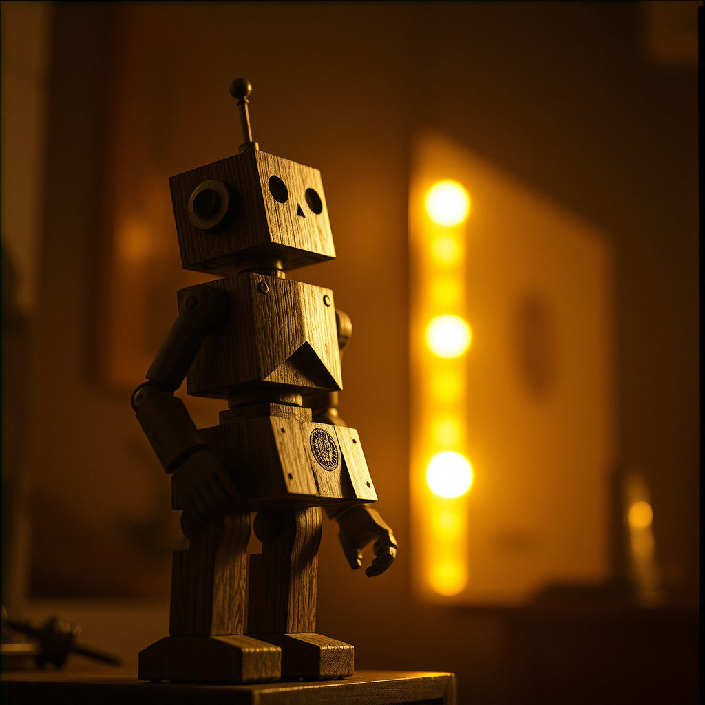 Vintage Wooden Toy Robot in Cinematic Lighting