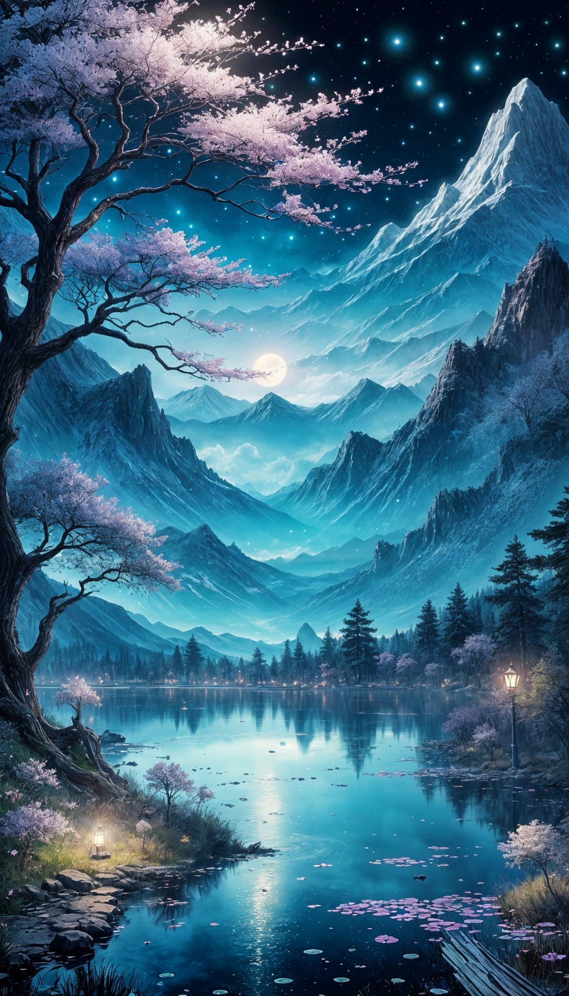 Night Lake with Mountains in Impressionistic Anime Style