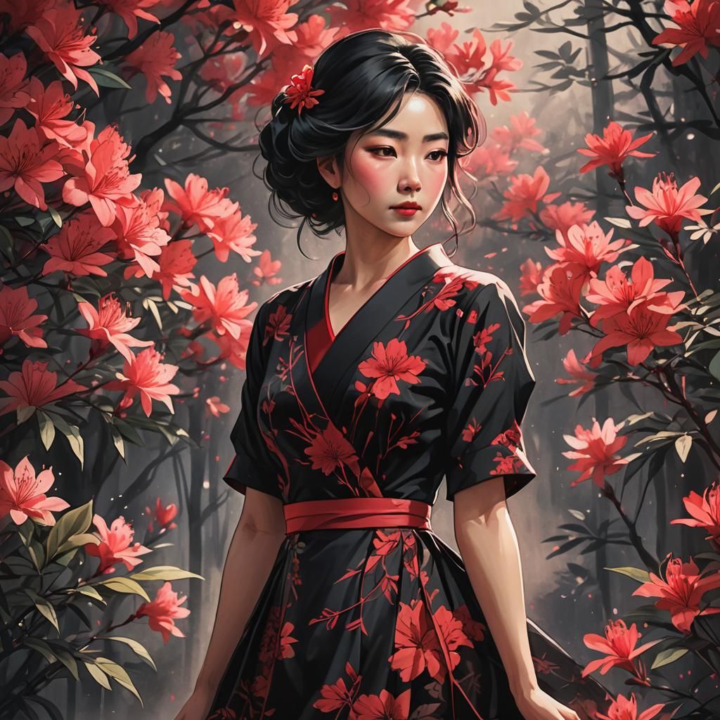 Japanese Woman in Red Azalea Dress, Manga Illustration