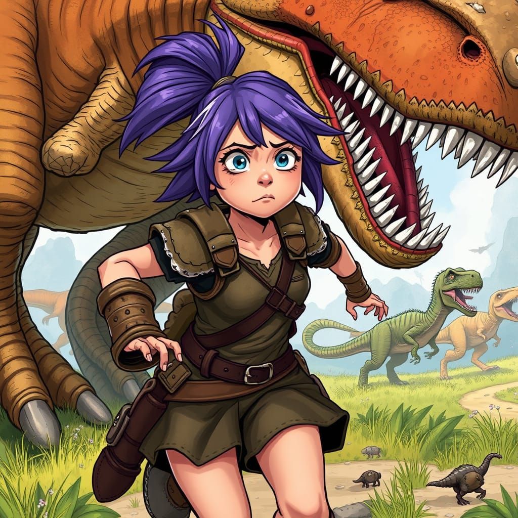Girl Running from T-Rex in Fantasy Illustration