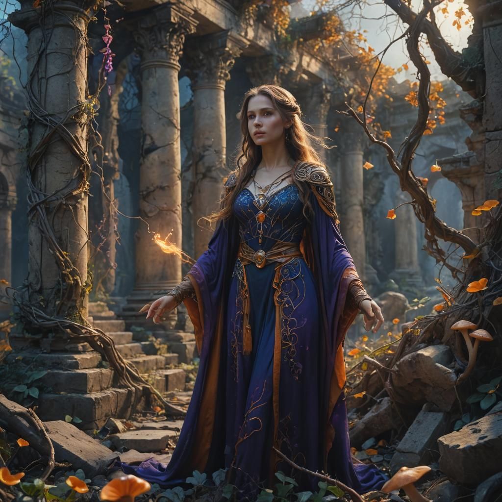 Mystical Sorceress in Ancient Ruins: Fantasy Concept Art